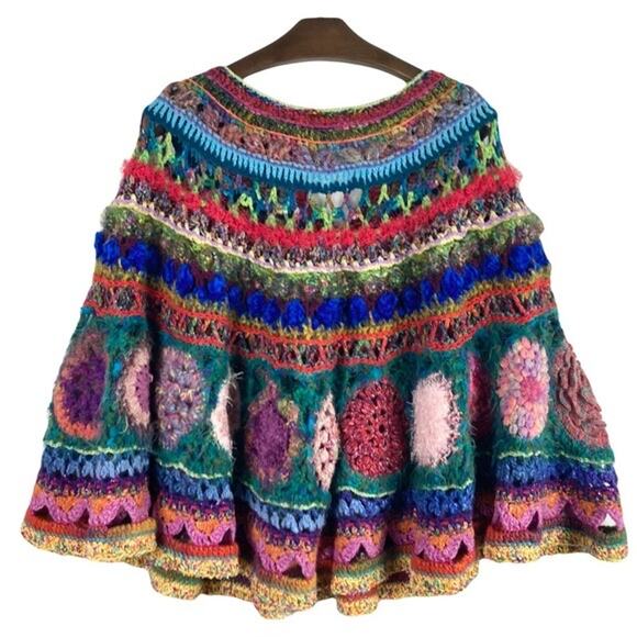Cape Poncho Jacket Coat Sweater Cardigan Knit Crochet Thick Handmade Multicolor - Picture 2 of 14
